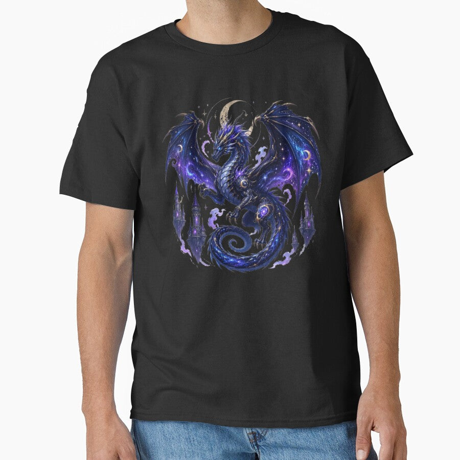 Cosmic Galaxy Dragon T-Shirt Design | Celestial Space Dragon Fantasy Art | Moon Dragon Graphic | Purple Nebula Dragon by Designs-2-The-T