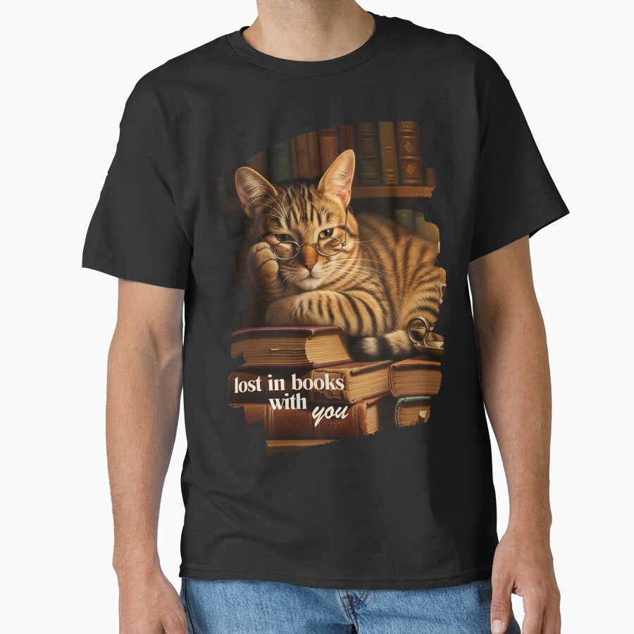 Cozy Book Lover Cat with Glasses – “Lost in Books with You” Aesthetic Illustration by InfinitePawBond
