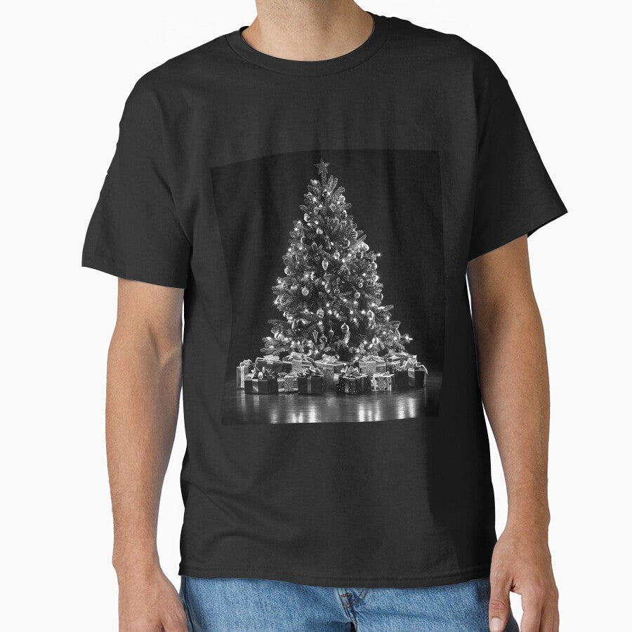 Black and White Christmas Tree with Gifts Elegant Holiday Photography by inkoutninja