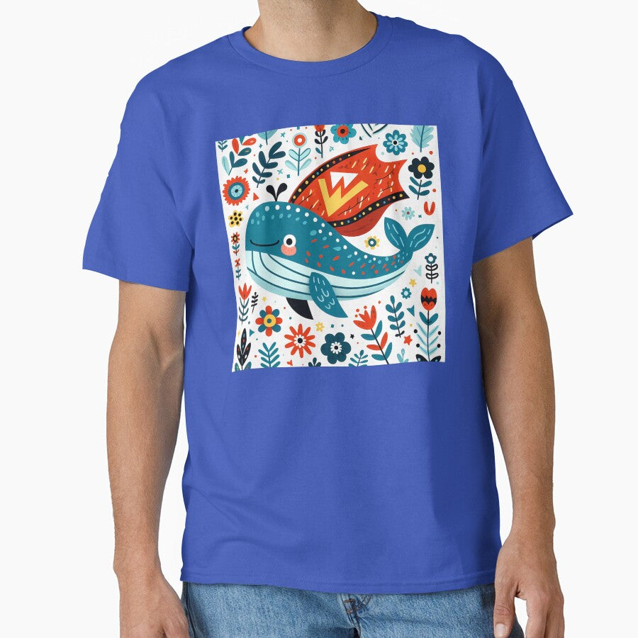 Cute Summer Blue Whale Superhero - Scandinavian Folk Art by heidiannemorris © by FOLK ART FUSION by heidiannemorris