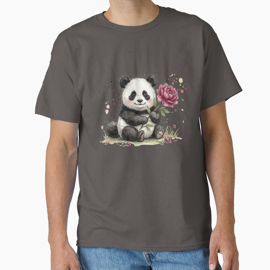 Cute Watercolor Baby Panda with Pink Peony Flower by BreezifyDesignStudio