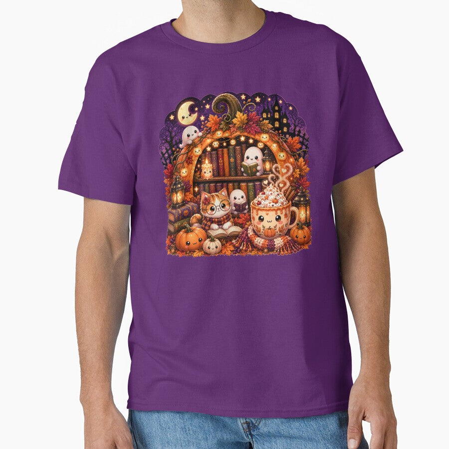 Cute Kawaii Halloween Ghost Library Shirt | Cozy Pumpkin Spice Coffee Book Cat Autumn Reading Aesthetic Design by ALH Apparel