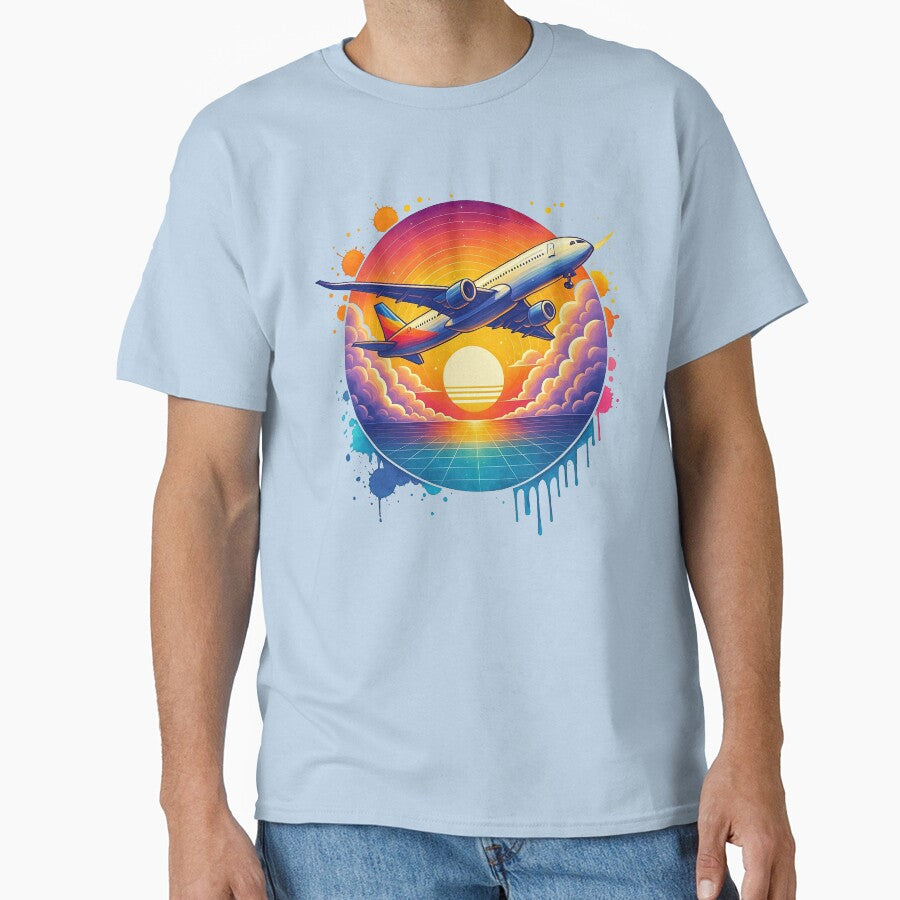 Retro Sunset Jetliner with Neon Clouds and Grid by ArtfulWeave