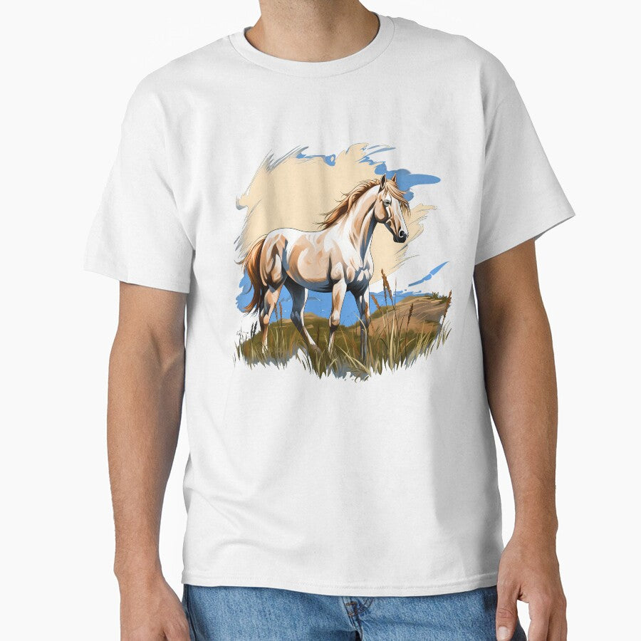 Beautiful white arabian horse grazing on a country meadow illustration by NBSStore