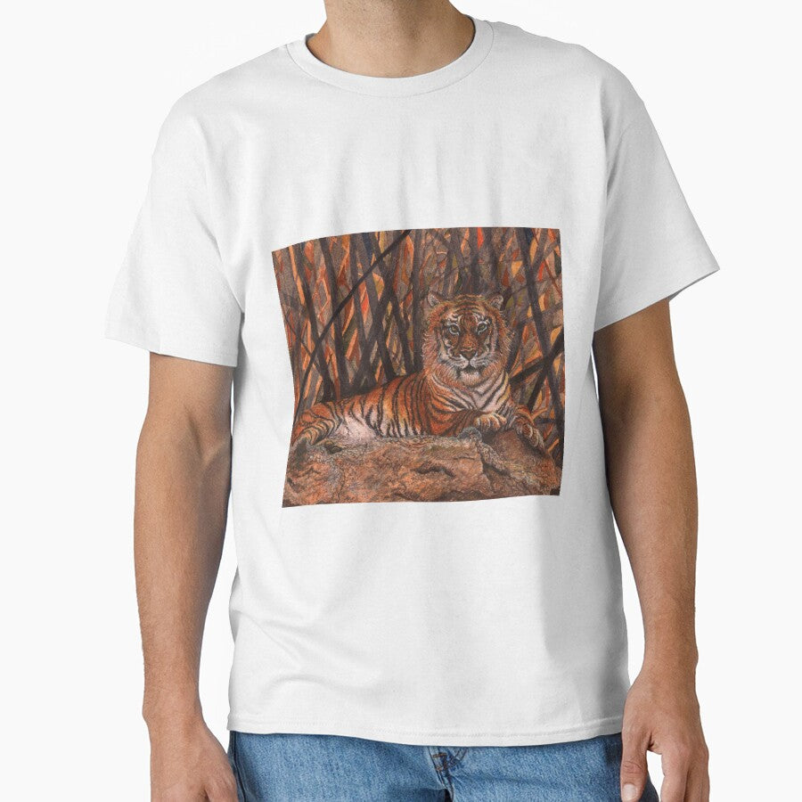 Tiger on a rock, against desert coloured grasses background by SusanAlisonArt