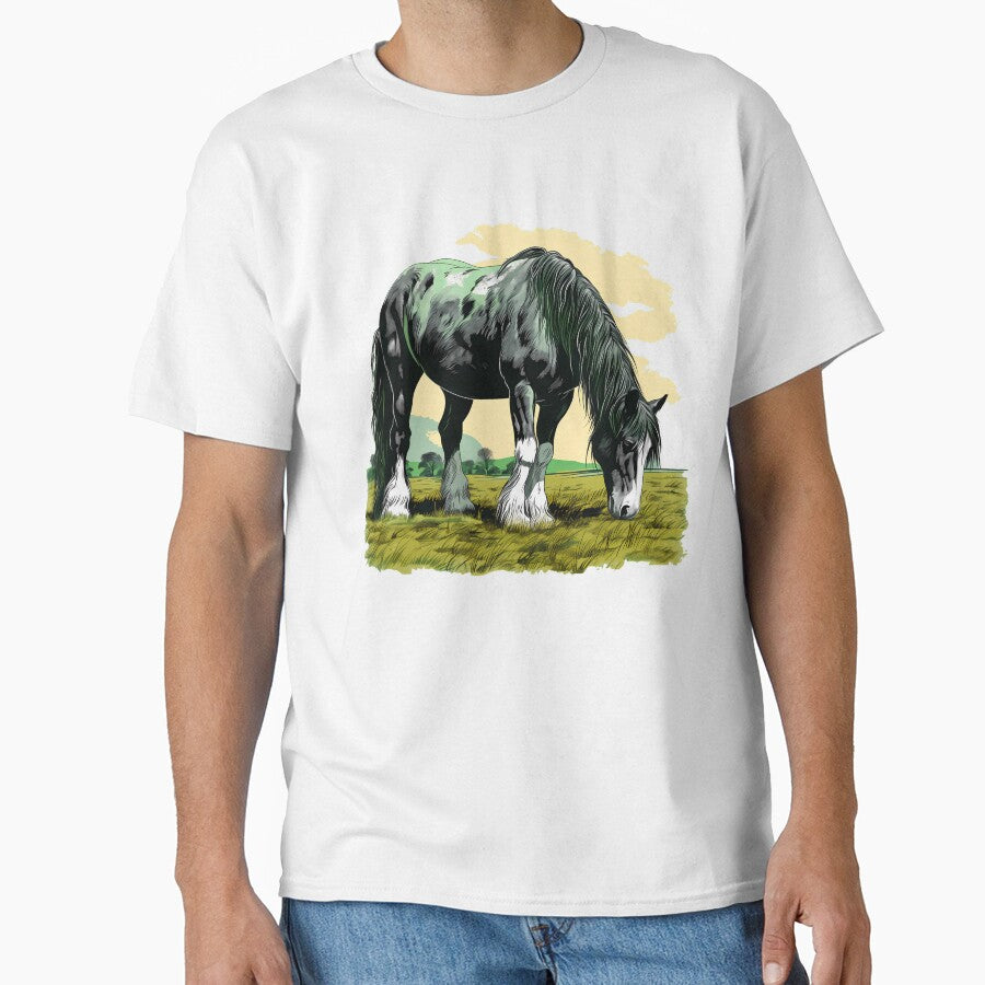 Beautiful black shire horse grazing on a country meadow illustration by NBSStore