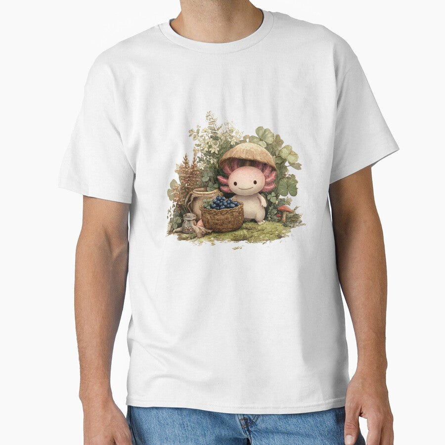 Whimsical Axolotl in Mushroom Hat – Cottagecore Blueberry Gathering Creature – Kawaii Nature Art by MadeByACJ