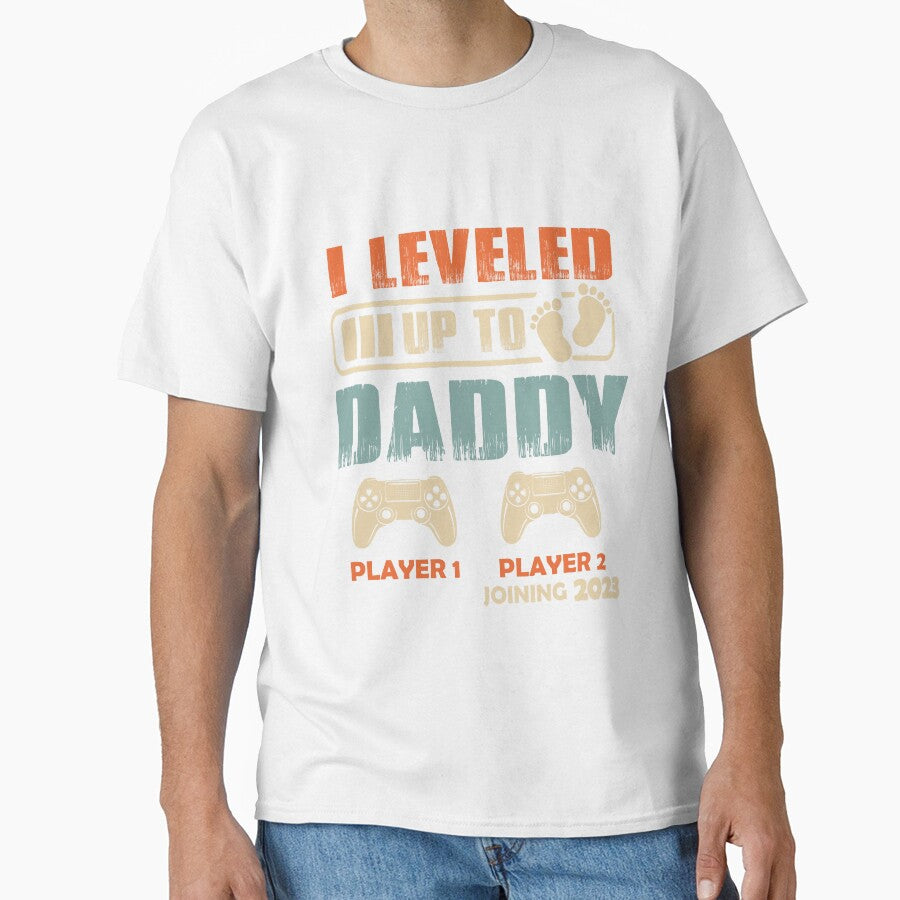 I leveled up to Daddy Pregnancy Reveal 2023 Dad Gamer Shirt by Lala35