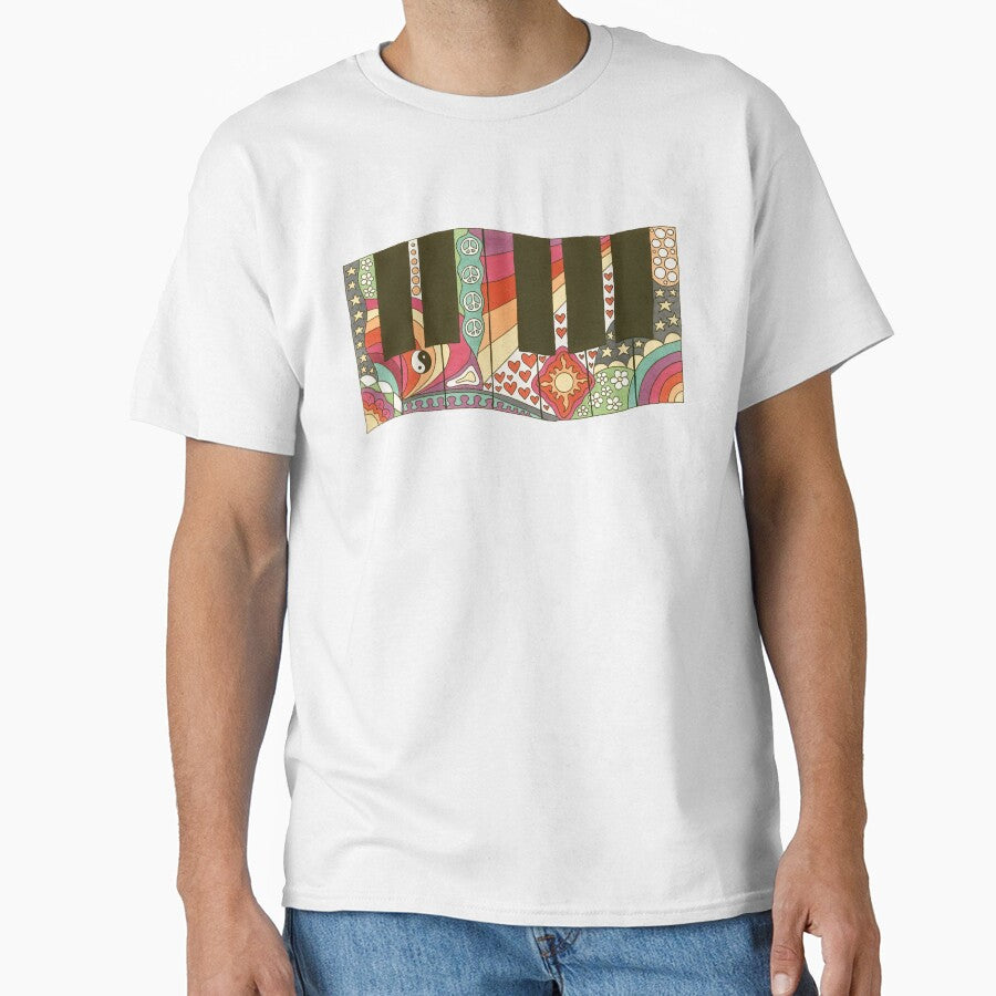 Vintage Psychedelic Keyboard Art White– Retro Hippie Rainbow Groovy Peace Design by Kellie Espie Art