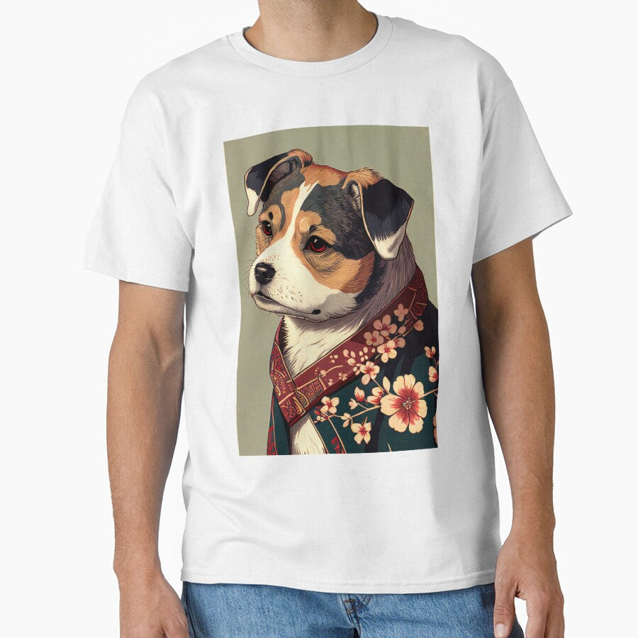 Brown and White dog with green robe - Japanese style by KoolArtDistrict