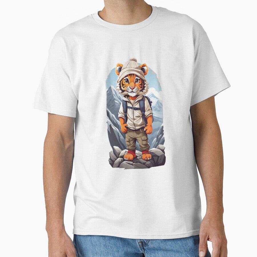 Young smiling tiger cub adventurer hiking in the mountains cartoon comic art for kids by CedricNorbinho