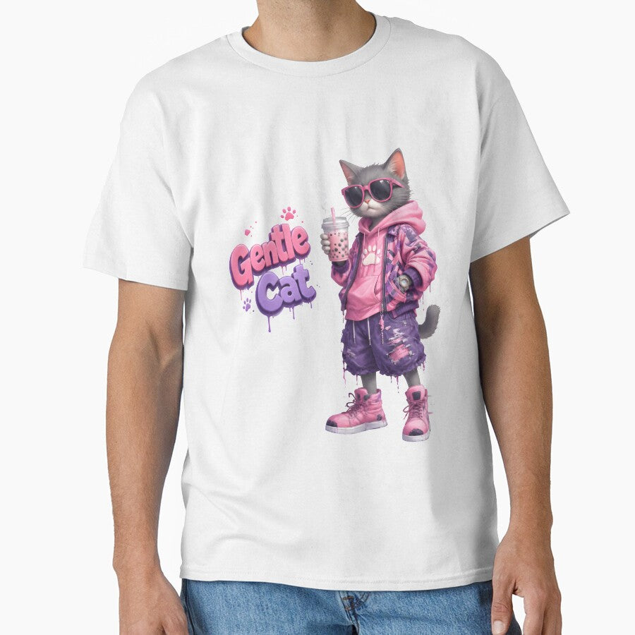 Gentle Cat Pink Purple Streetwear Cartoon | Cute Urban Cat Drinking Bubble Tea | Kawaii Graffiti Style Illustration by Gentle Cat Store