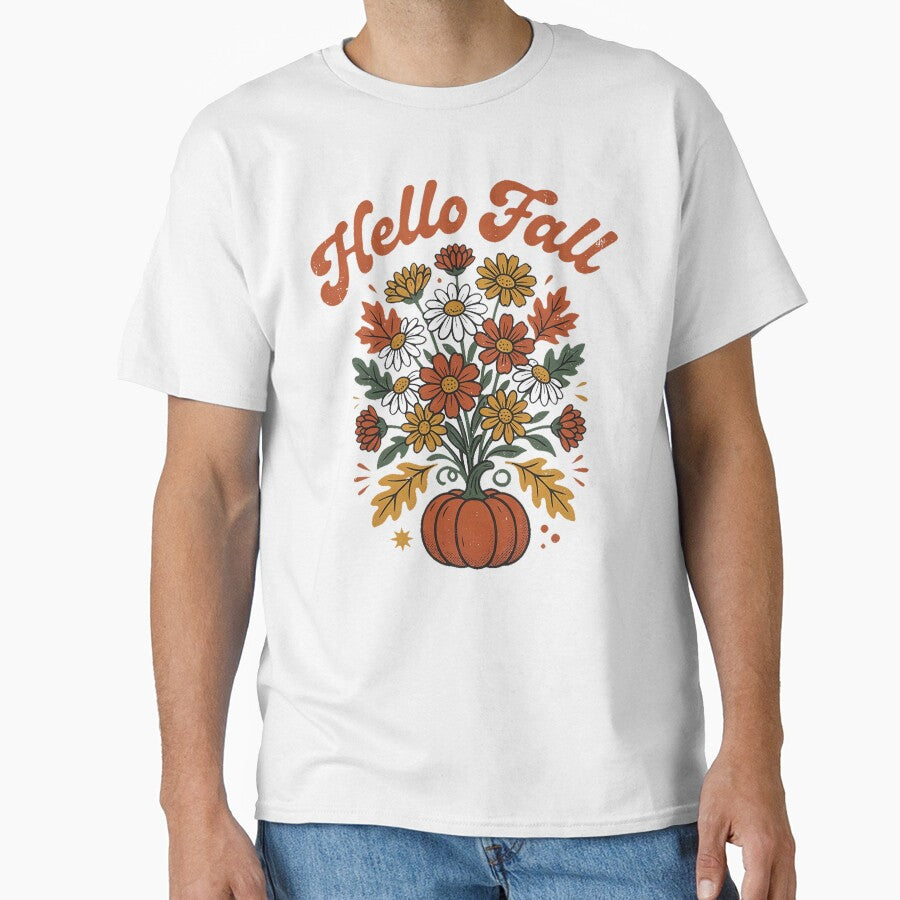 Hello Fall Retro Vintage Wildflower Pumpkin Autumn Shirt by Fanous