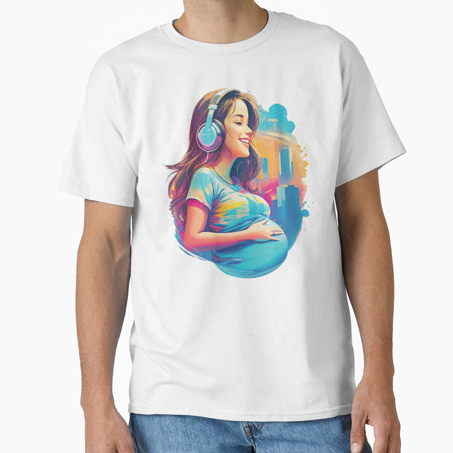 Cute Pregnant Girl Listening To Music Retro Inspired Soon To Be Mom Groovy Design by TriniTeeClub