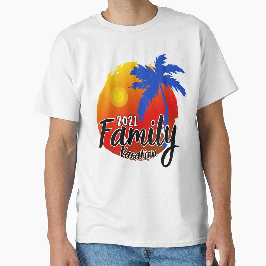 Family Vacation 2021 Red and Yellow Beach Sunset and Coconut Tree by MyPrintCharming