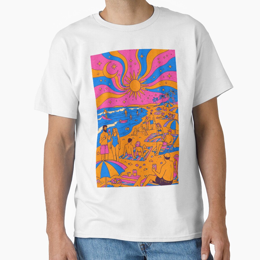 Busy Psychedelic Beach Scene – Retro Summer Crowd Illustration by DrizzyV
