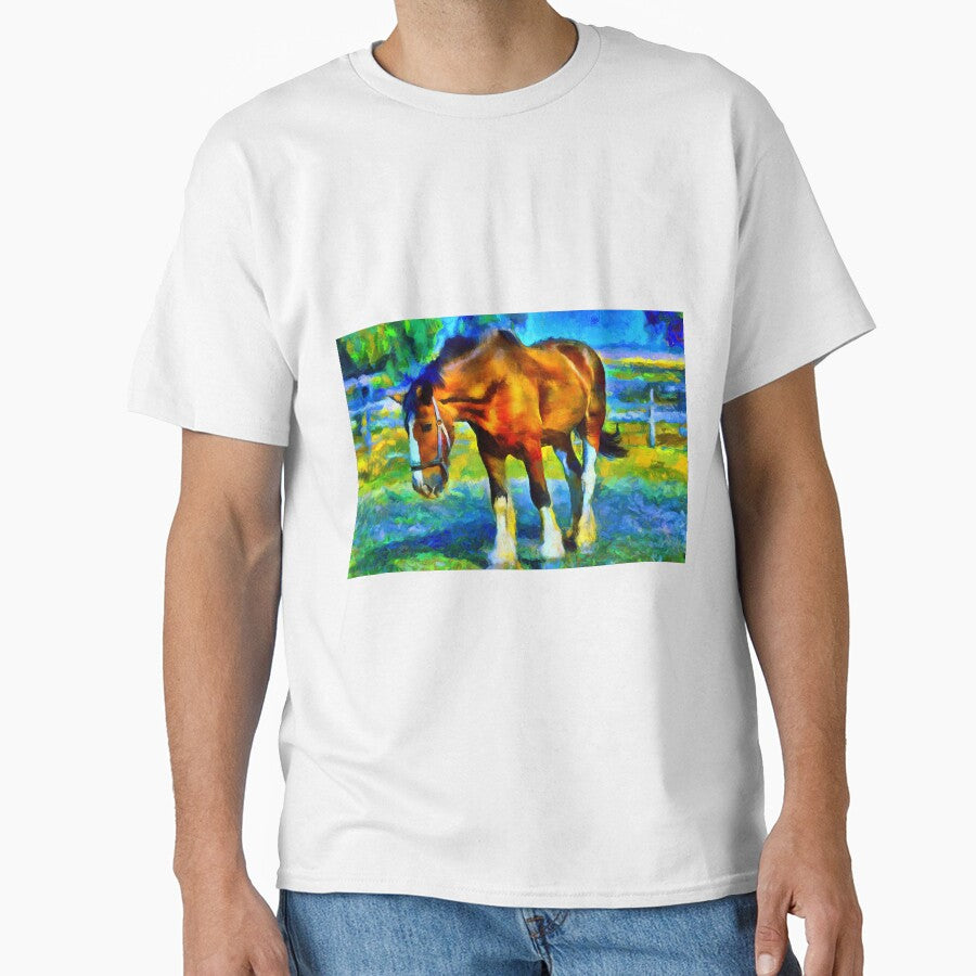 Brown shire horse outside, on a colorful blue and green background by NickoPrints