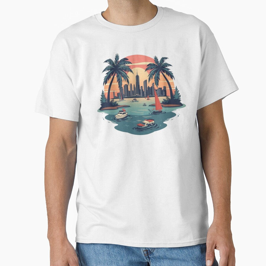 Tropical Vacation City Sunset with Palm Trees & Boats by KomalArtStudio