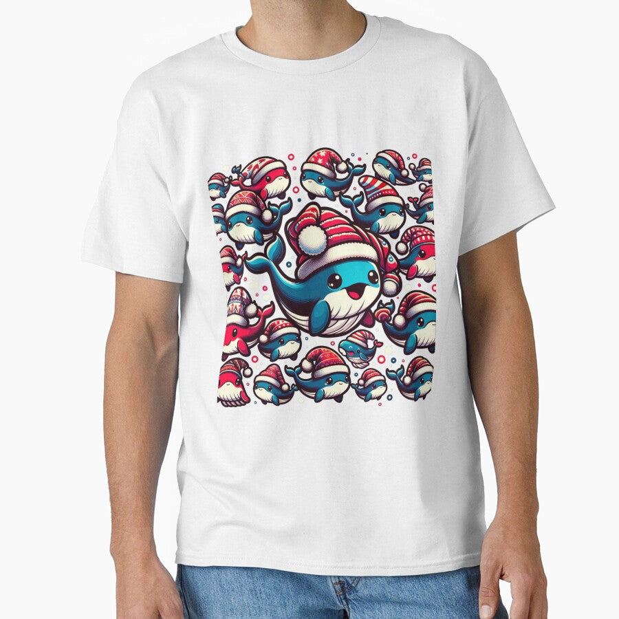 Classic funny whales in Santa hats by ArtFeverShop