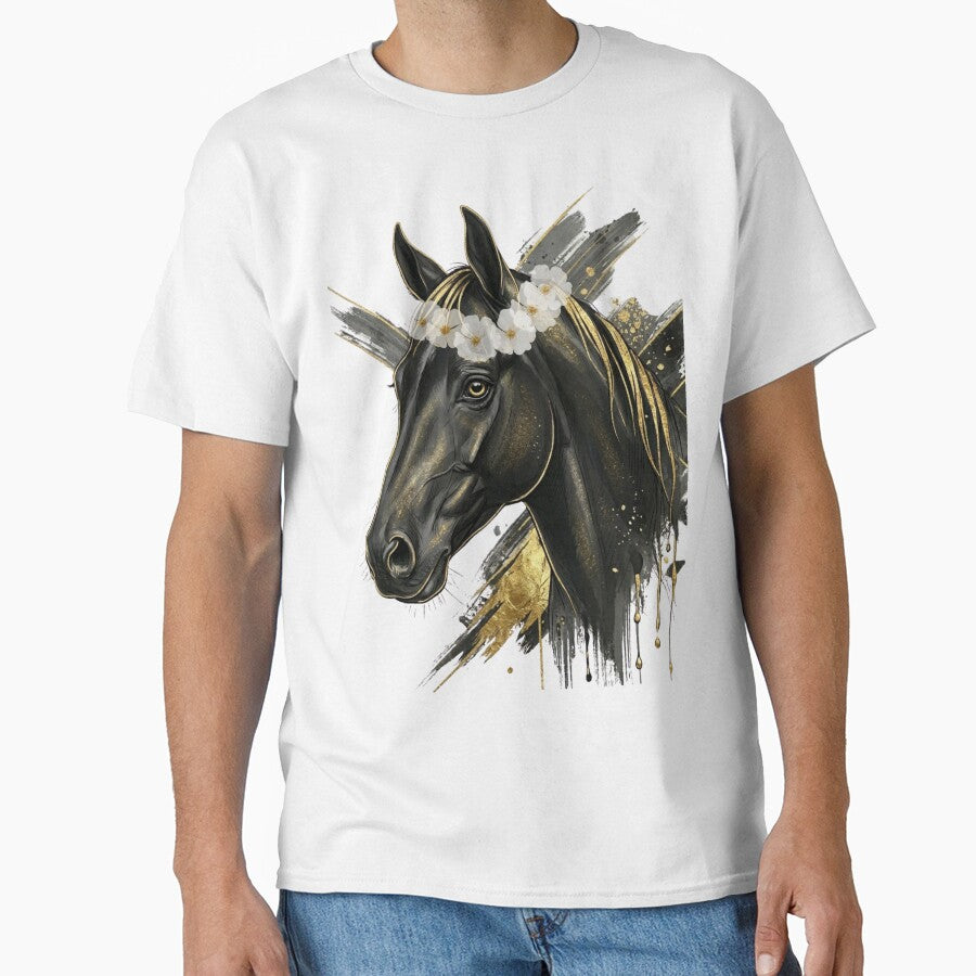 Black Horse Golden Floral Crown Art by OneCklick