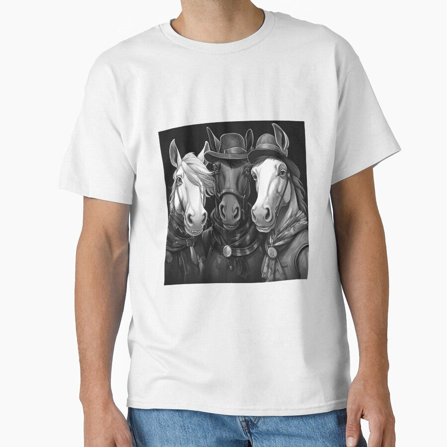 Western Horse Trio Black and White Cartoon Portrait by inkoutninja