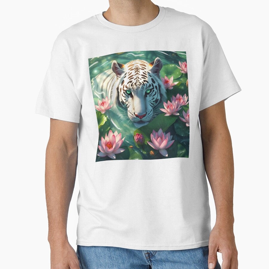 Beautiful white tiger having a bath in a green water calm lake among waterlilies digital animal portrait by EmeraldeaArt