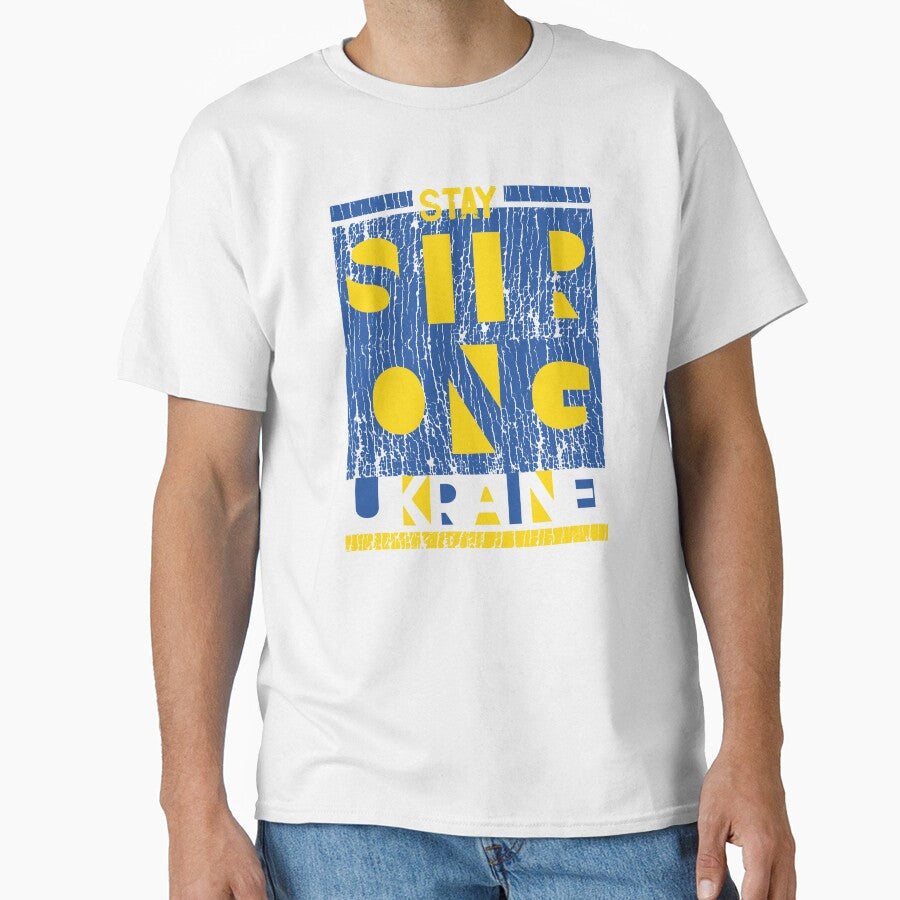 Blue and Yellow Ukraine Flag Colors Distressed STAY STRONG UKRAINE Grunge Typographic Quote to Support Ukraine and Ukrainians by zenturtlemerch