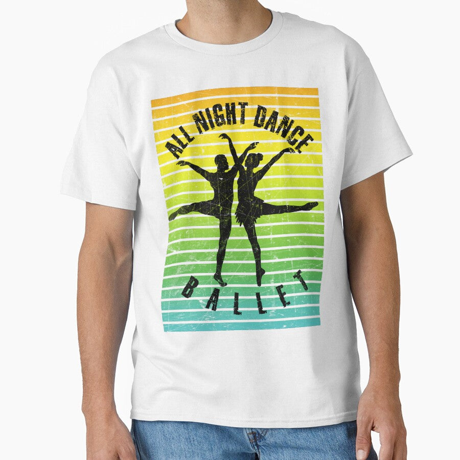 Black silhouette of a couple dancing ballet against a background of colorful stripes by HarridanCreates
