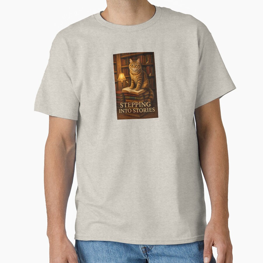 Stepping Into Stories – Cozy Library Cat Reading Art by Novel Works Studio
