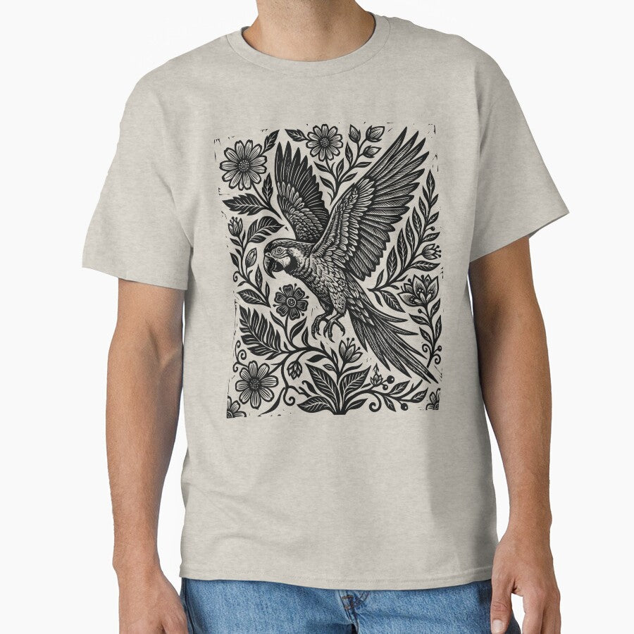 Linocut Parrot Gothic Floral Cottagecore Birdwatching by Y-Vibes