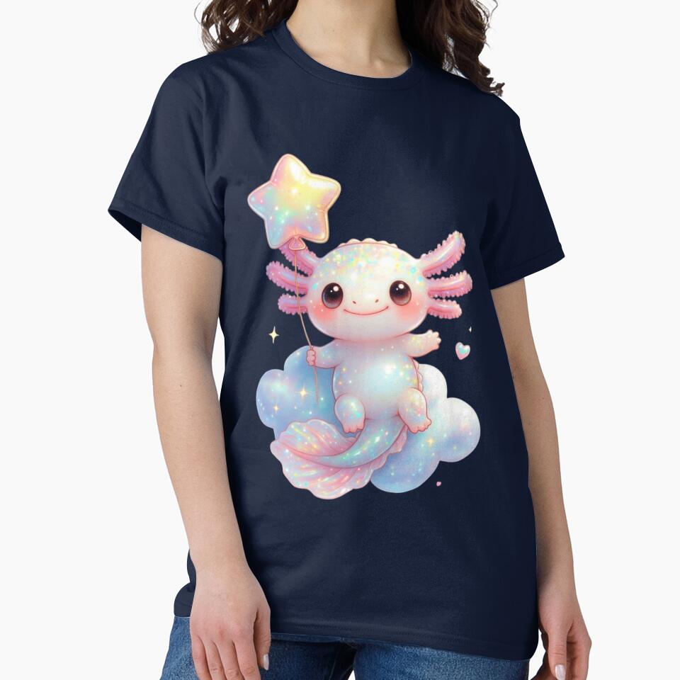 Kawaii Axolotl Floating on Cloud With Star Balloon Cute Pastel Art by GrumpySableye