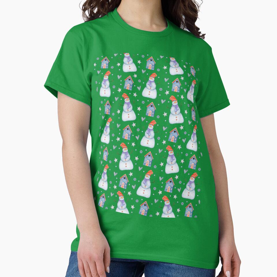 Snowman and House on White Christmas Paper Pattern by TeeGeeTees