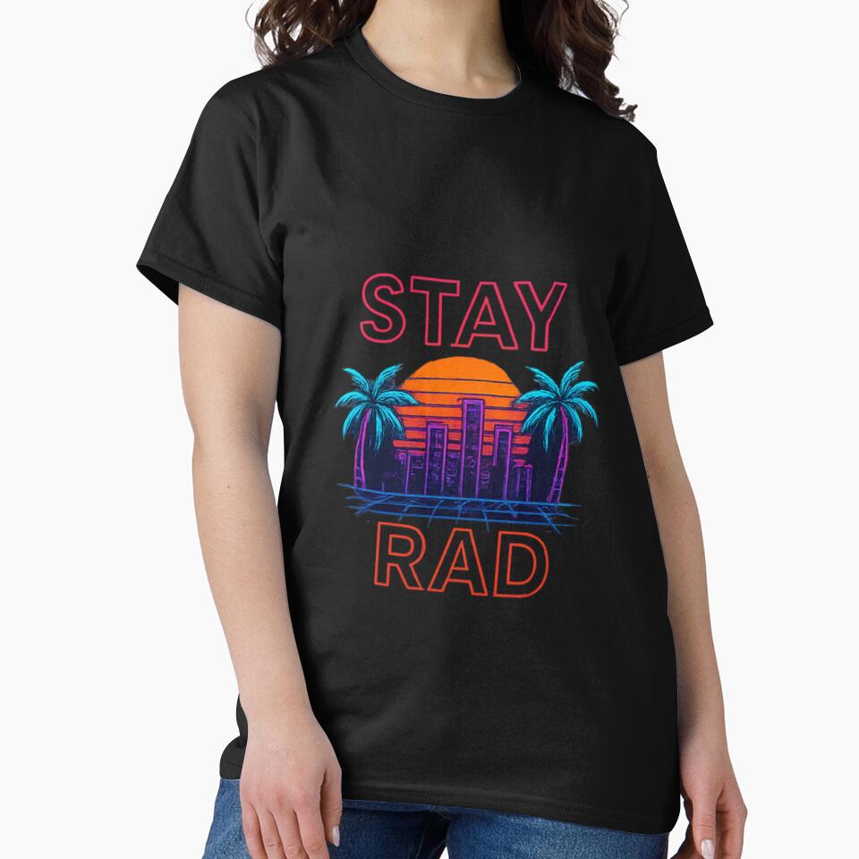 Stay Rad Neon Sunset – Retro Wave Palm Tree Cityscape by RKNTdesigns