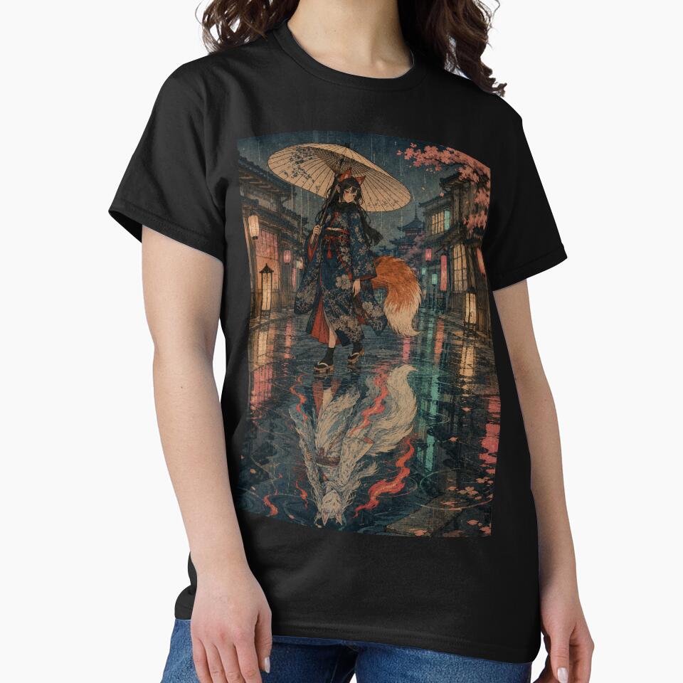 Urban Neon Fox - Vintage Japanese Kitsune Girl Ukiyo-e Woodblock by bapupa