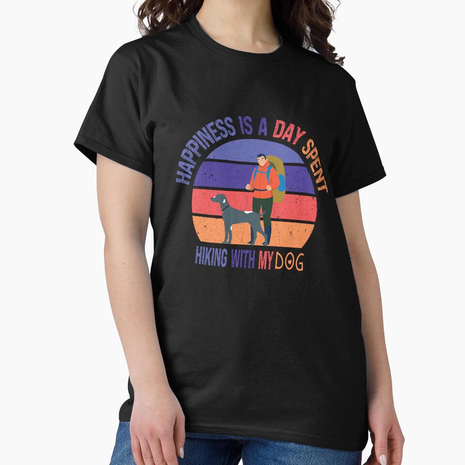 Happiness Is A Day Spent Hiking With My Dog Funny Colorful Retro Vintage Sunset Distressed Hiking Dog Lovers Gift by pedrored369