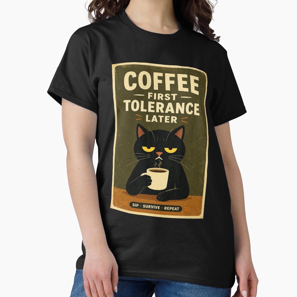 Grumpy Black Cat Coffee Humor Vintage Morning Mood by eliramaison