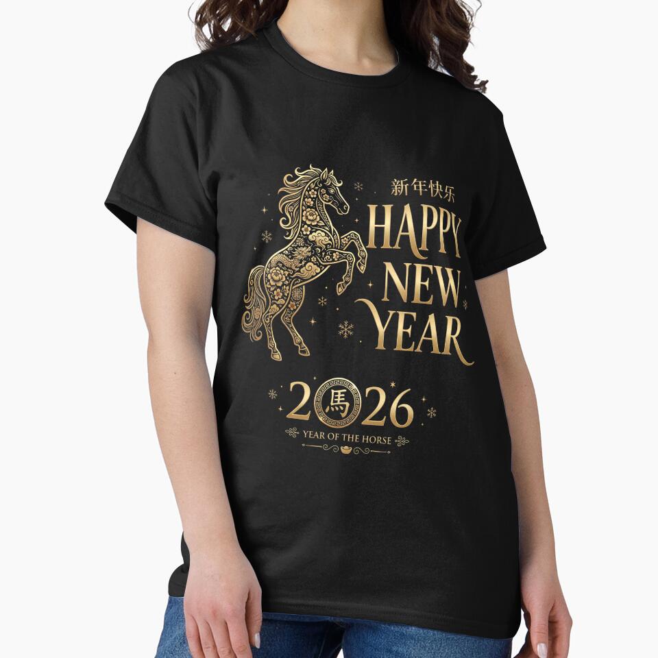 Year of the Horse 2026, Chinese New Year Horse Gift, Elegant Floral Zodiac Graphic Tee by saloui