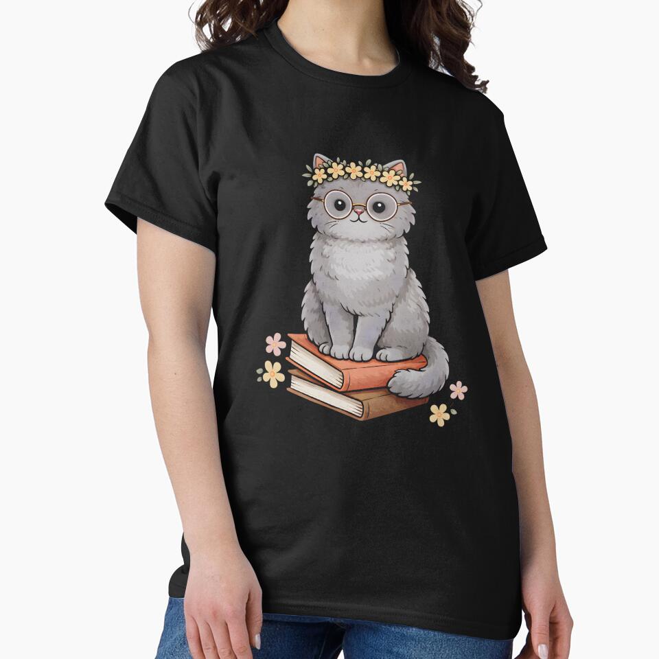 Book Lover Cat, Cute Reading Cat With Glasses Gift, Floral Bookish Kitty Illustration, Cozy Reader Aesthetic Graphic Tee by saloui