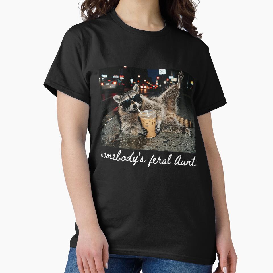 Somebodys Feral Aunt Funny Raccoon Drinking Iced Coffee Night Street Meme Design by PhocoNibict