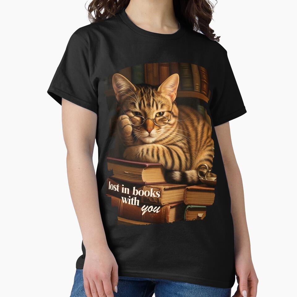 Cozy Book Lover Cat with Glasses – “Lost in Books with You” Aesthetic Illustration by InfinitePawBond