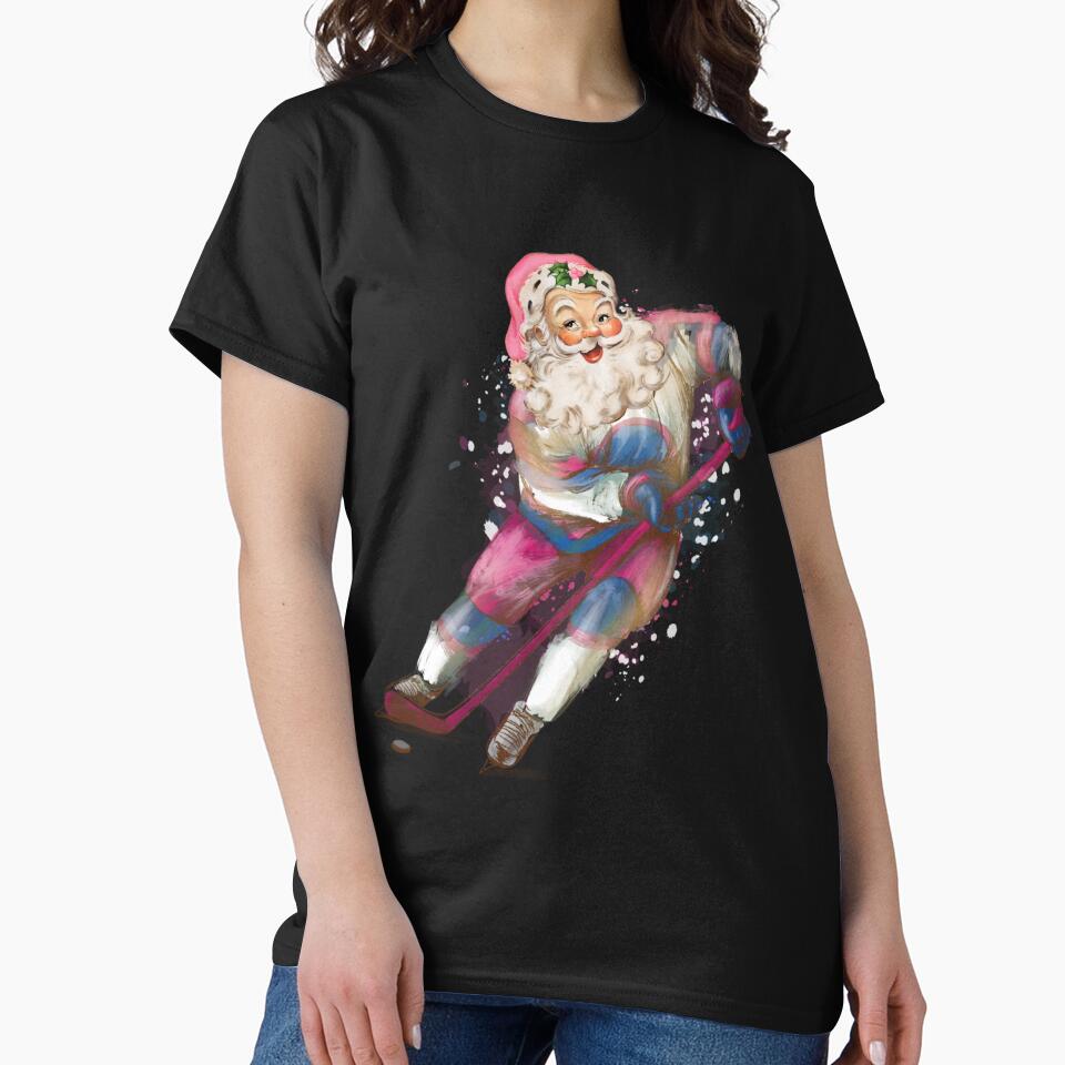 Vintage Pink Santa Claus Playing Ice Hockey Funny by Mikhailaw
