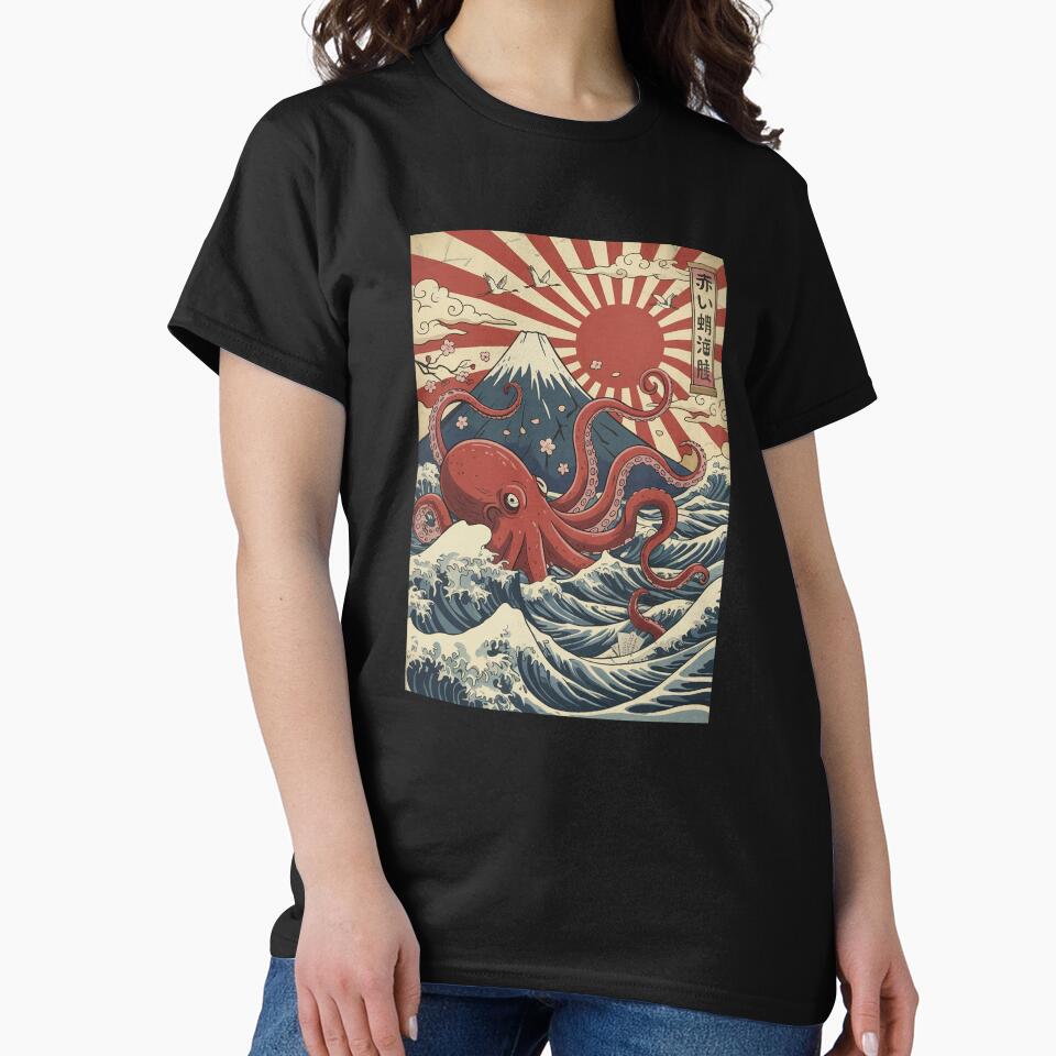 Red Octopus Japanese Waves Kraken Vintage by suhairee-studio