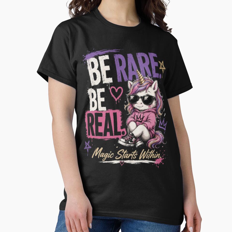 Be Rare Be Real – Whimsical Unicorn Fashion Art by Dogandesighn