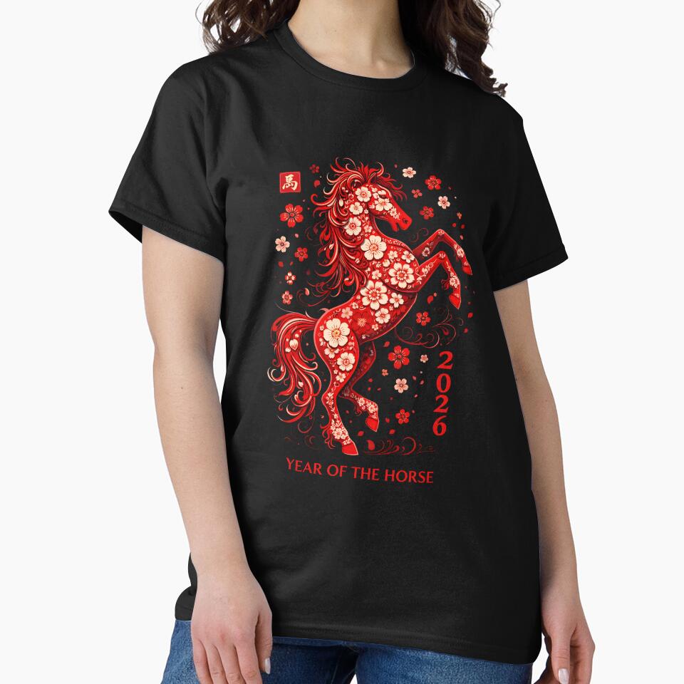 2026 Year of the Horse, Chinese Zodiac Lunar New Year Shirt Gift, Floral Red Horse Asian Art Graphic Tee by saloui