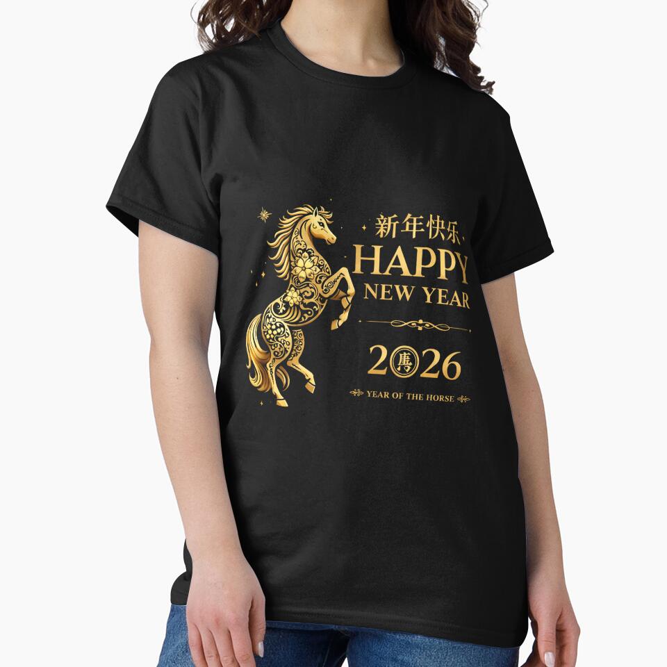 Happy New Year 2026 Year of the Horse, Chinese Lunar New Year Zodiac Gift, Golden Horse Asian Celebration Graphic Tee by saloui