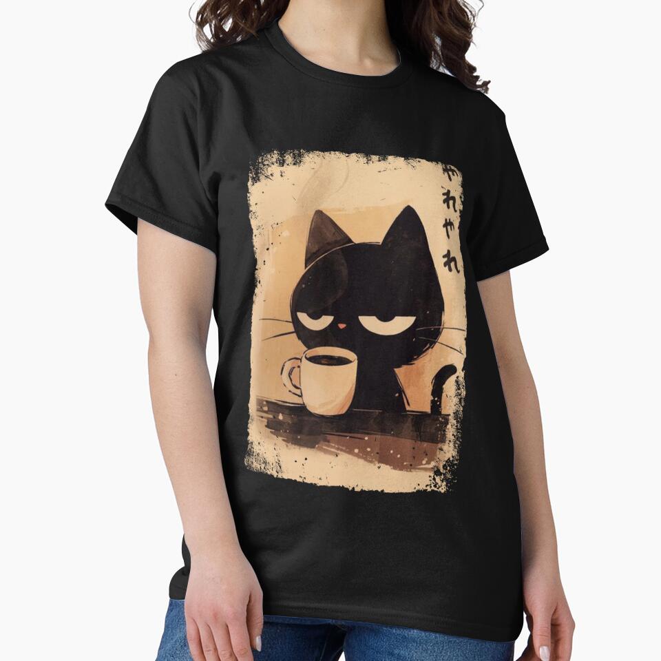 Grumpy Coffee Cat Hilarious "Yare Yare" Black Cat Design by Damcoc