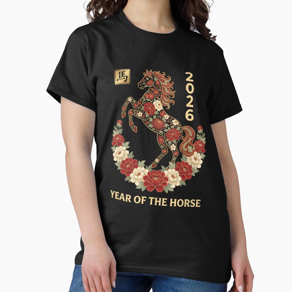 2026 Year of the Horse, Red Floral Chinese Zodiac Lunar New Year Gift, Elegant Horse Asian Art Graphic Tee by saloui