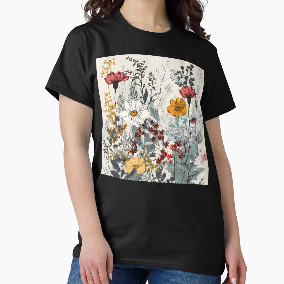 Wildflowers of Meadow Lineart – White Yellow Orange Red Cosmos and Carnations by EmeraldeaArt