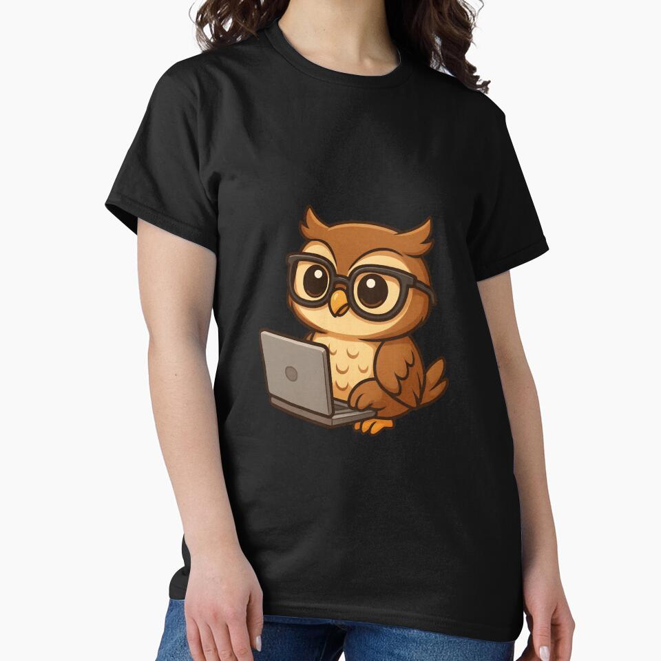 Wise Chibi Owl with Laptop – Cute Owl Studying Online Cartoon Art by ColorSplash123