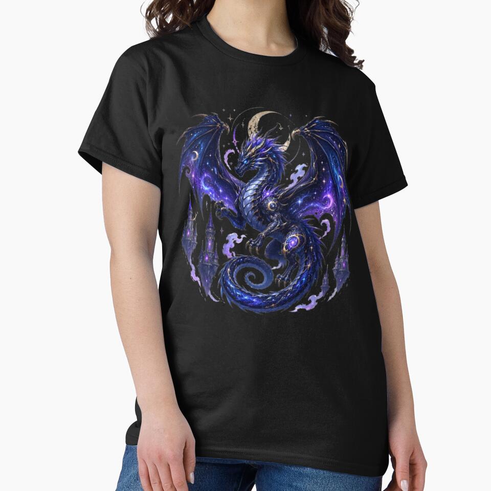 Cosmic Galaxy Dragon T-Shirt Design | Celestial Space Dragon Fantasy Art | Moon Dragon Graphic | Purple Nebula Dragon by Designs-2-The-T